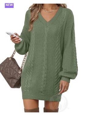V Neck Lantern Sleeve Knit Mini Sweater Dress Loose Fit Fall Casual